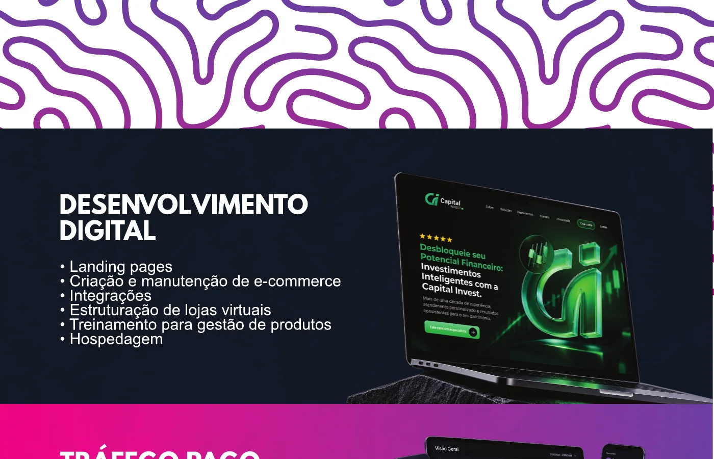 Desenvolvimento, tráfego pago, automação e contato